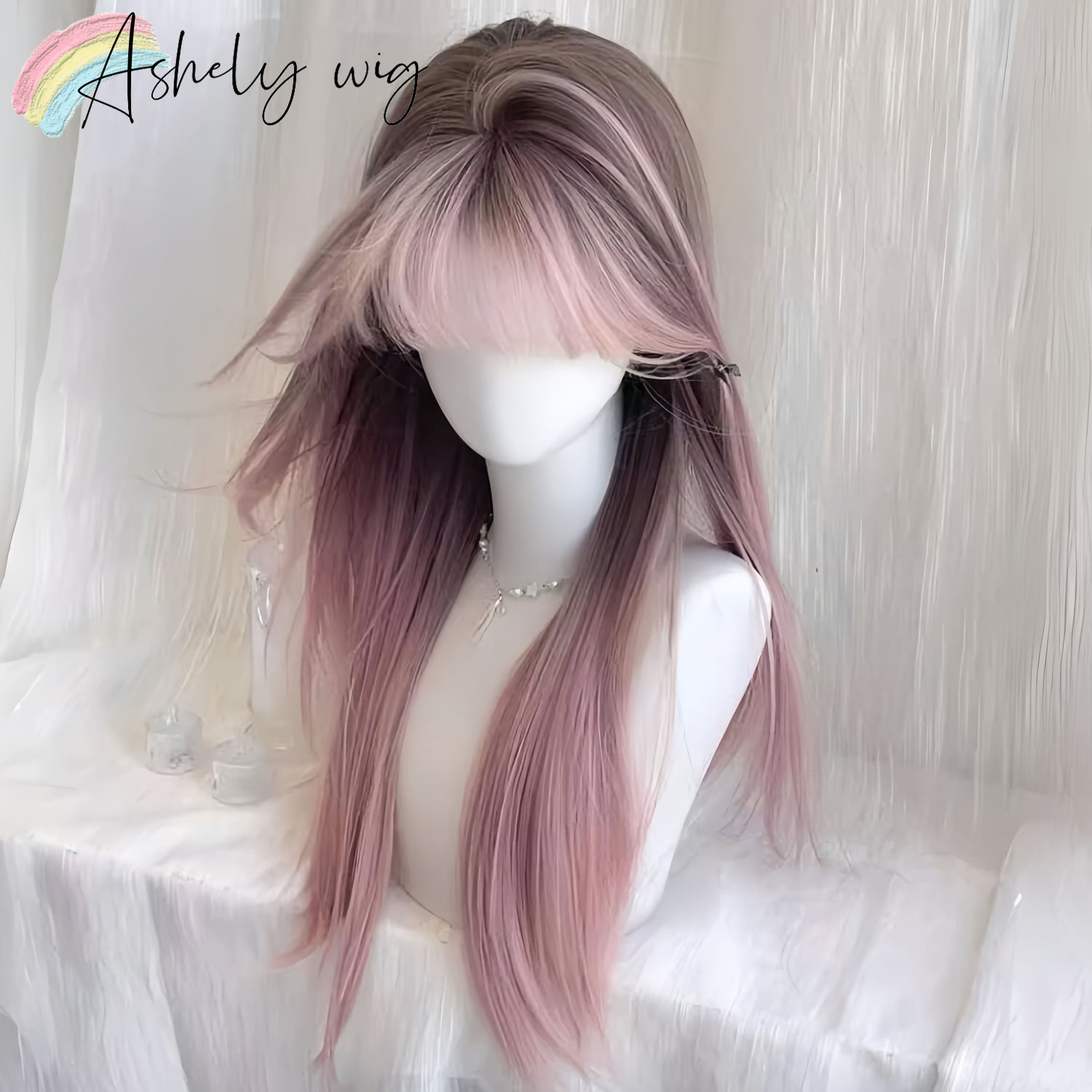 Ashely wigs strawberry chocolate wig female hair dyed powder ombre long straight hair wig Lolita nature headband wigs парик