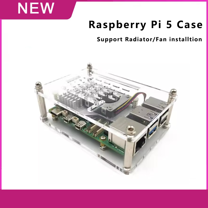 Raspberry PI 5/5B Acrylic Case for Easy Mounting With Radiator/Fans Shell Box