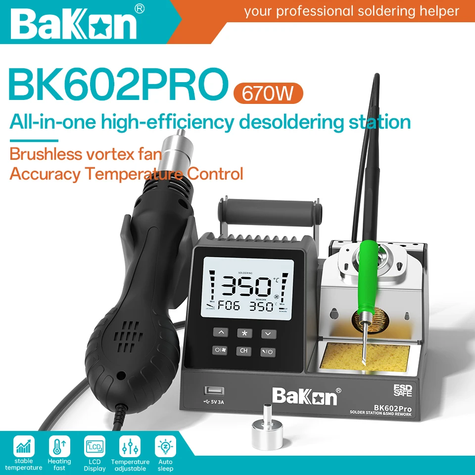 Bakon BK602 PRO 2-in-1 Soldering Station Hot Air Rework Station Adaptive C115/C210/C245 Heating Core Паяльная Станция