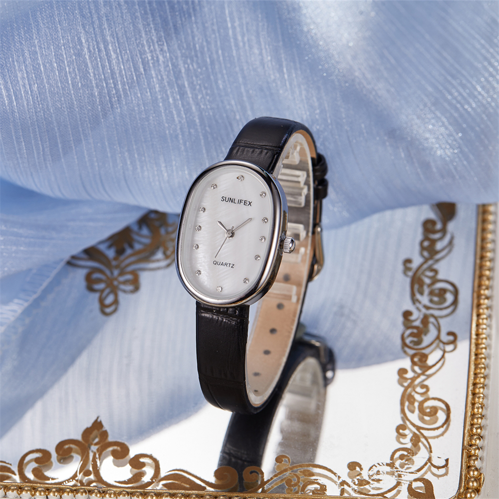 Fashionable exquisite compact women wristwatch rhinestone oval dial leather strap women quartz watch часы женские наручные