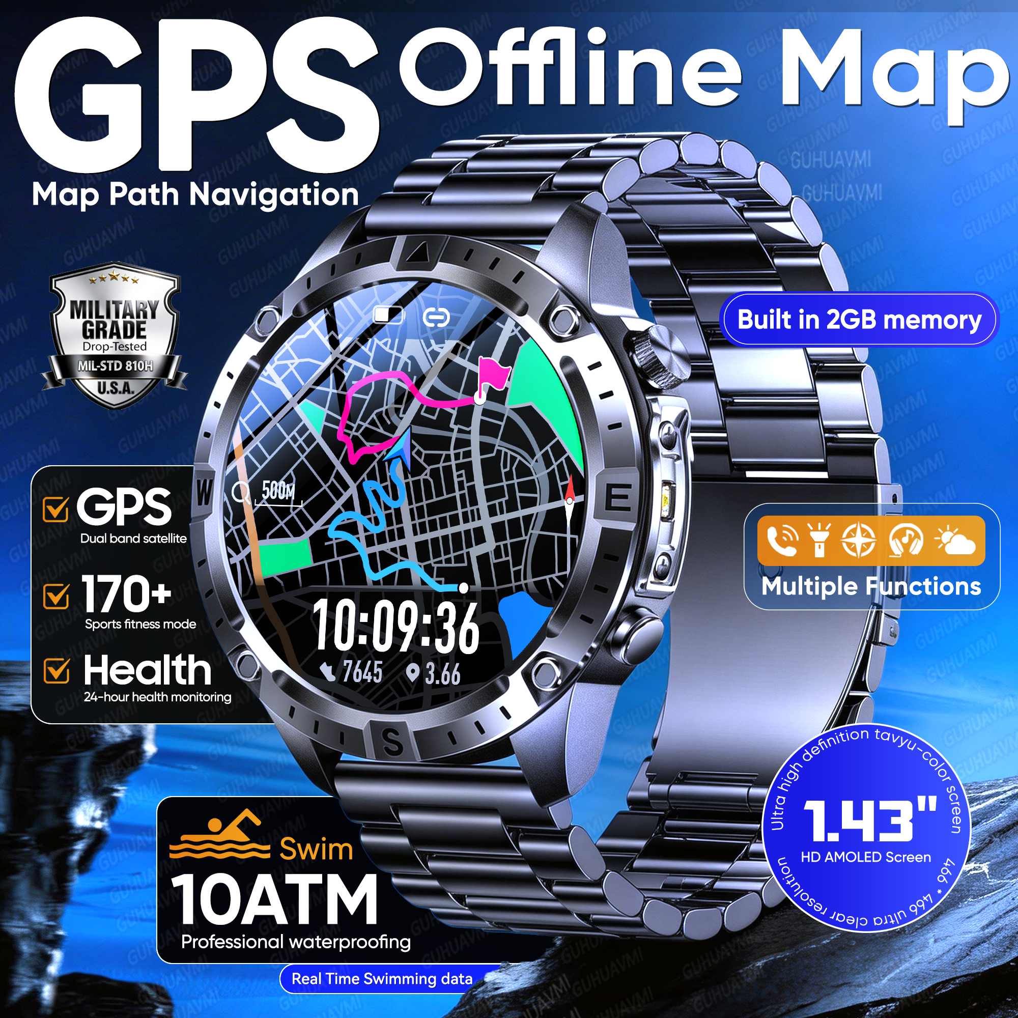 2026 New GPS Offline Map Military Smart Watch Built in GPS Compass 10ATM Waterproof 2GB RAM Music Player Men Fitness Smartwat
