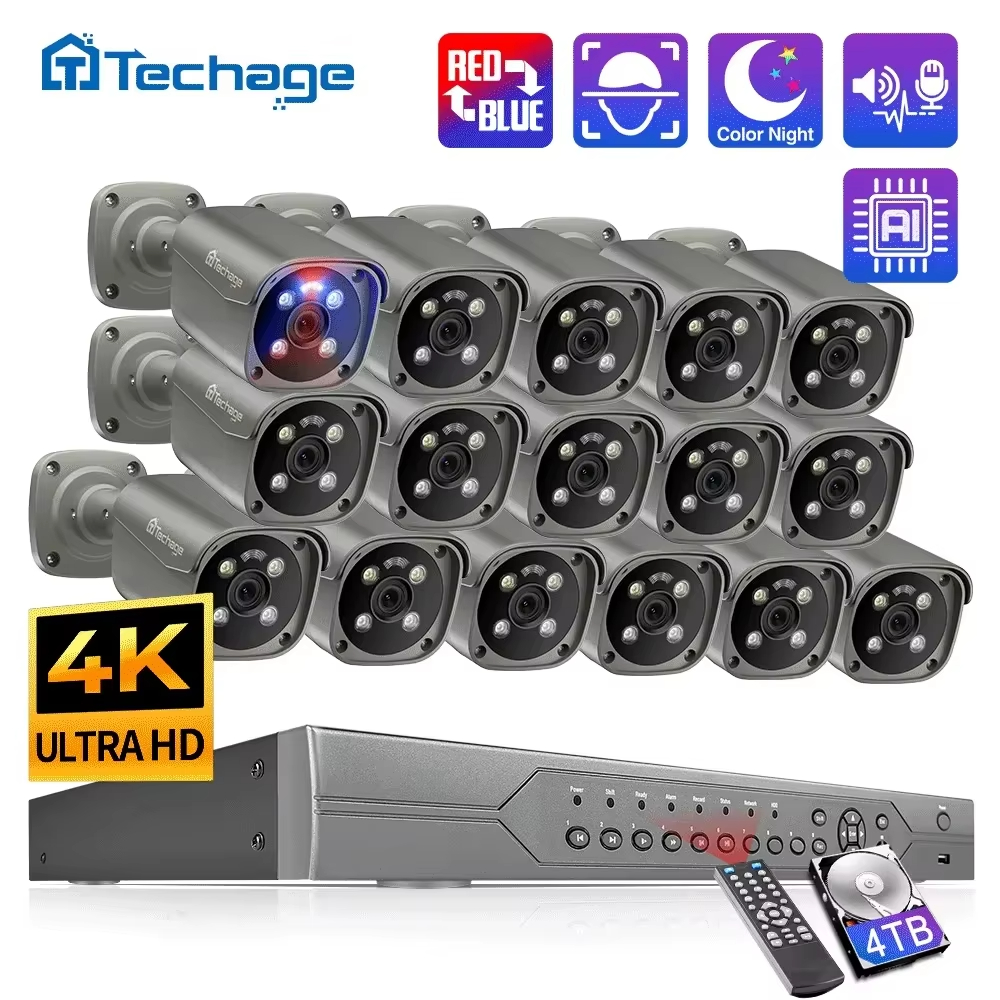 Techage H.265 16CH 5MP 8MP POE камера система распознавания лиц человека двусторонняя аудиосвязь наружная 4K комплект видеона