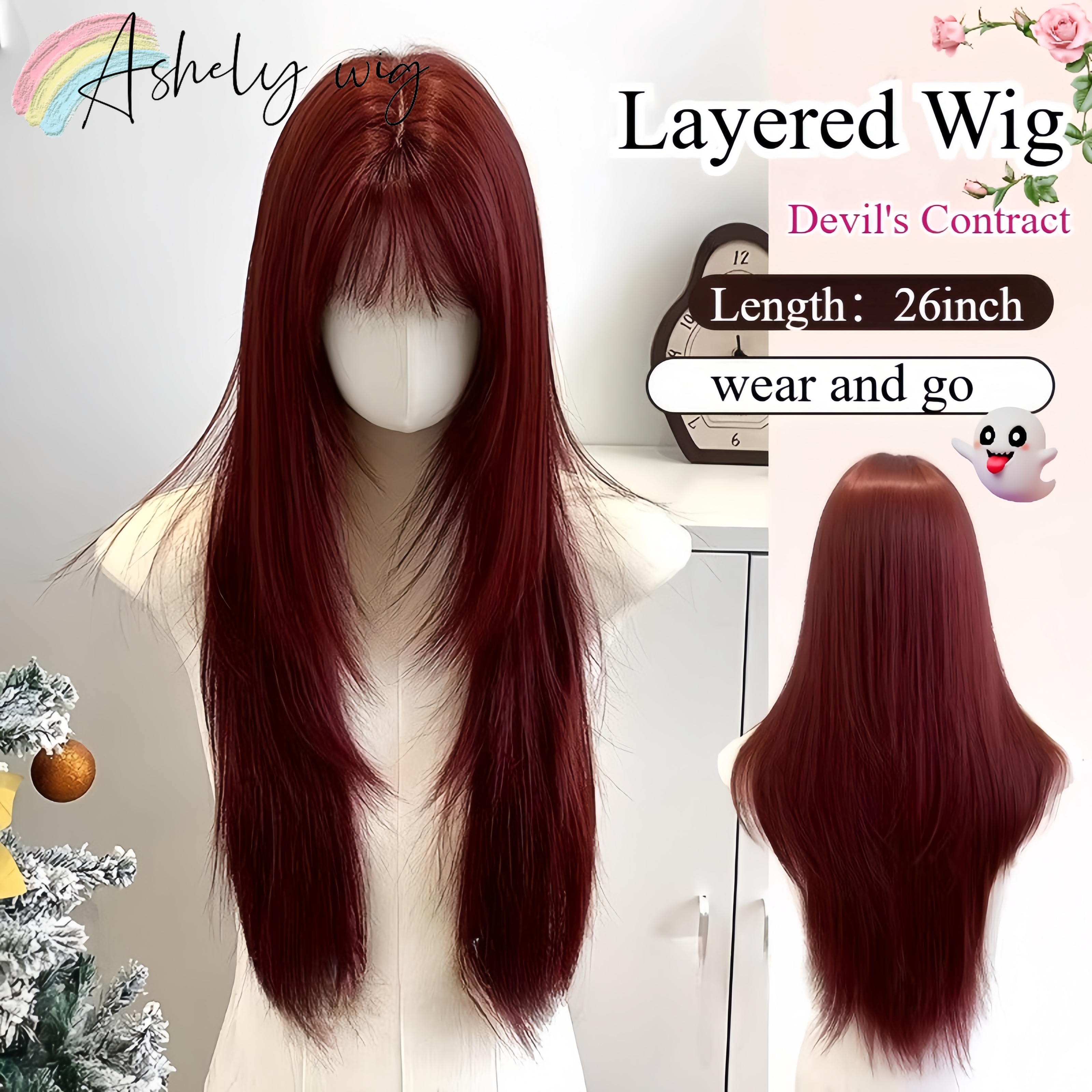 Ashely Red Wig with Bangs 26inch Layered Straight Hair Synthetic Wigs Nature Women's Wig Cosplay Wigs Ladies Carnival 가발 Пари