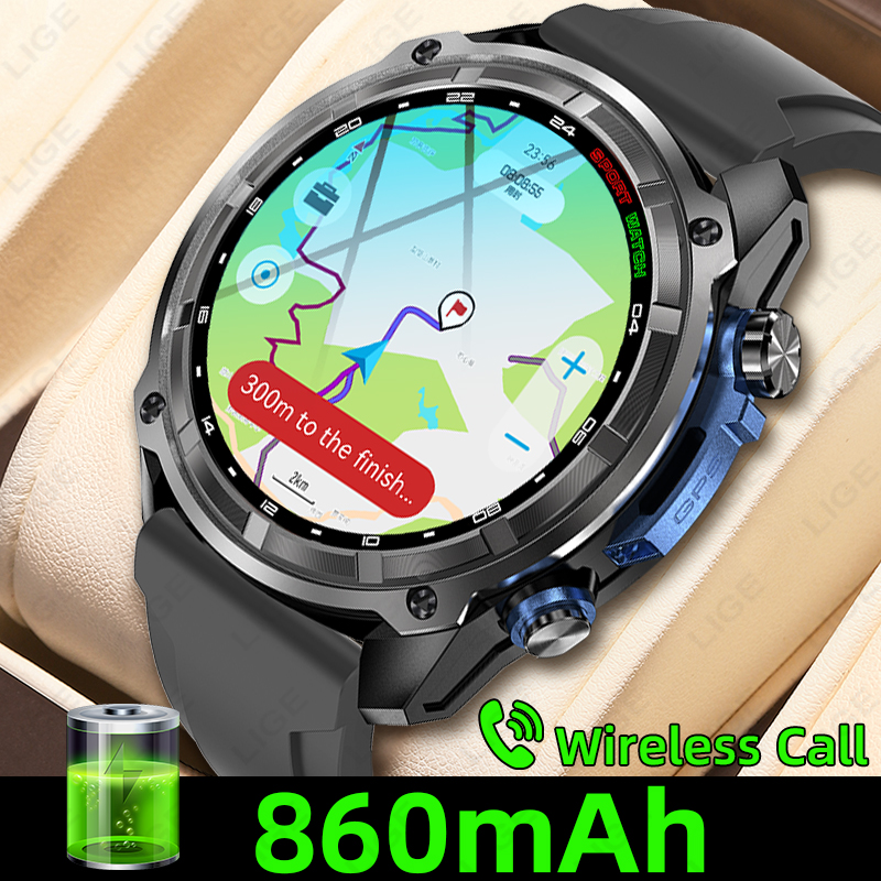 LIGE GPS Smart Watch Men 1.43inch AMOLED Swim Six Axis Sensor 3ATM Waterproof 860mAh Sport 4GB Memory GPS Offline Map Smartwa