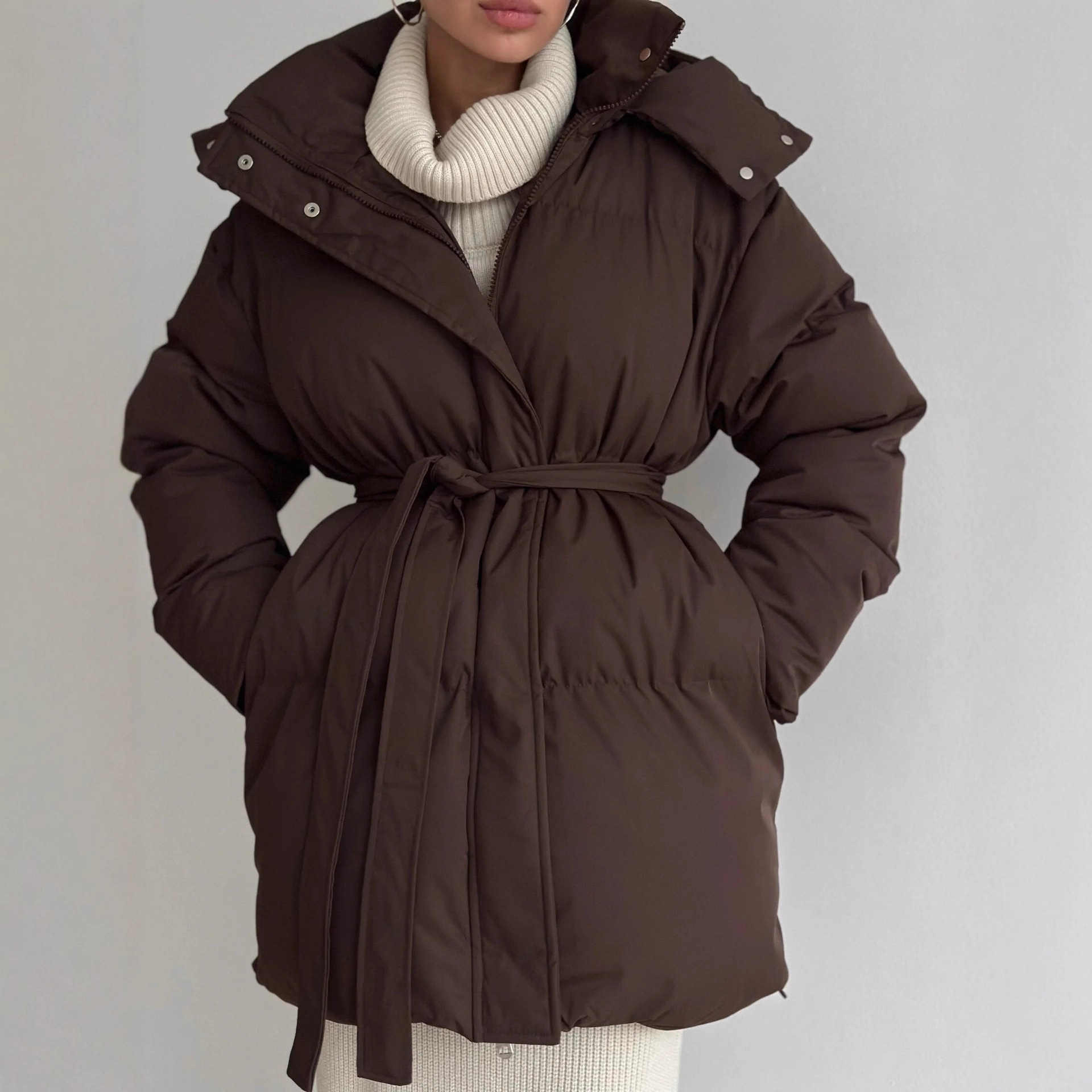 2025 Winter Casual Slim Fit Hooded Mid-Length Puffer Coat for Women Thick Brown Outerwear Куртка Зимняя Женская