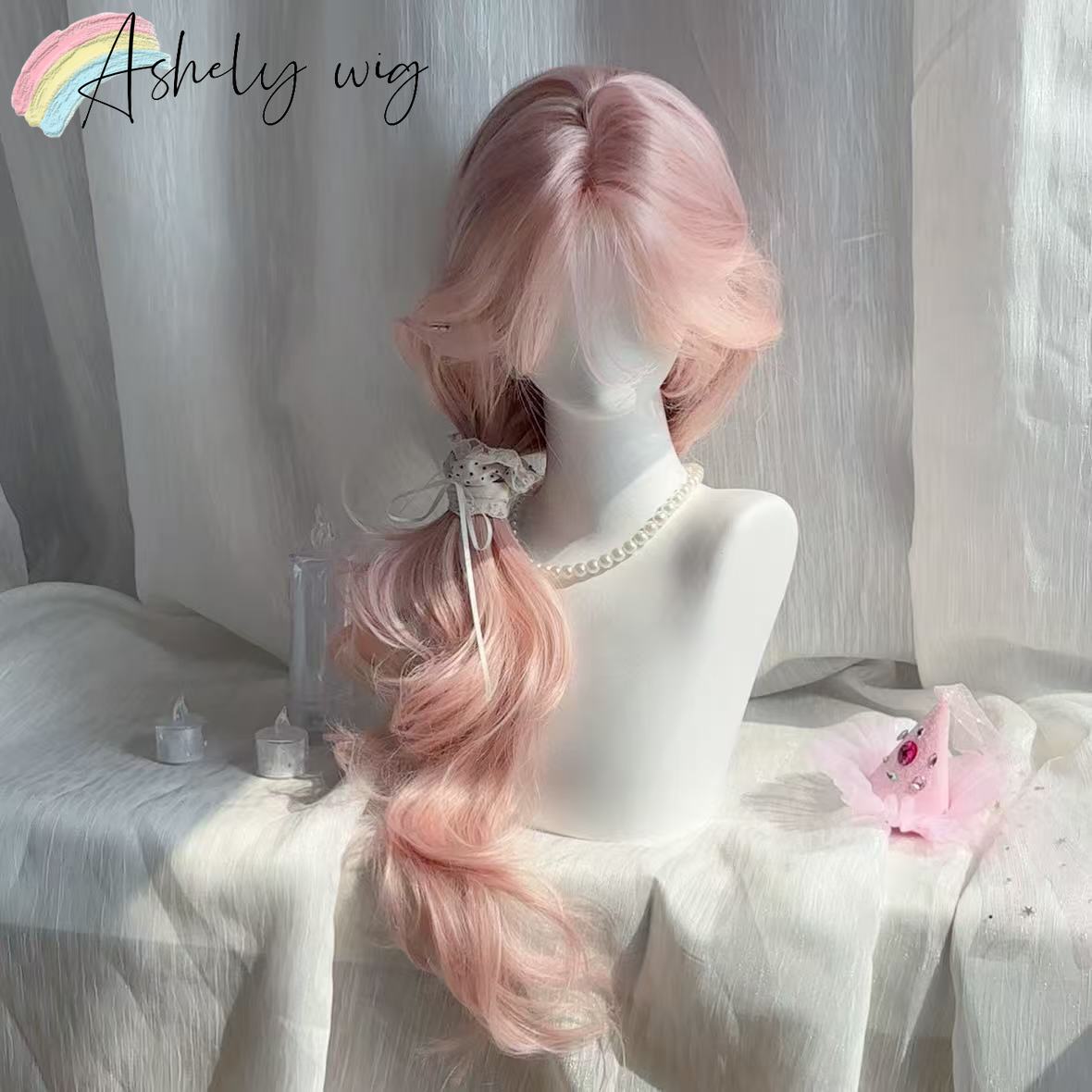 Ashe Pink Wig 24inch Long Wavy Hair Wig for Woman Headband Wigs Cosplay Wigs Baby Pink Synthetic Wigs for Party Парик 가발