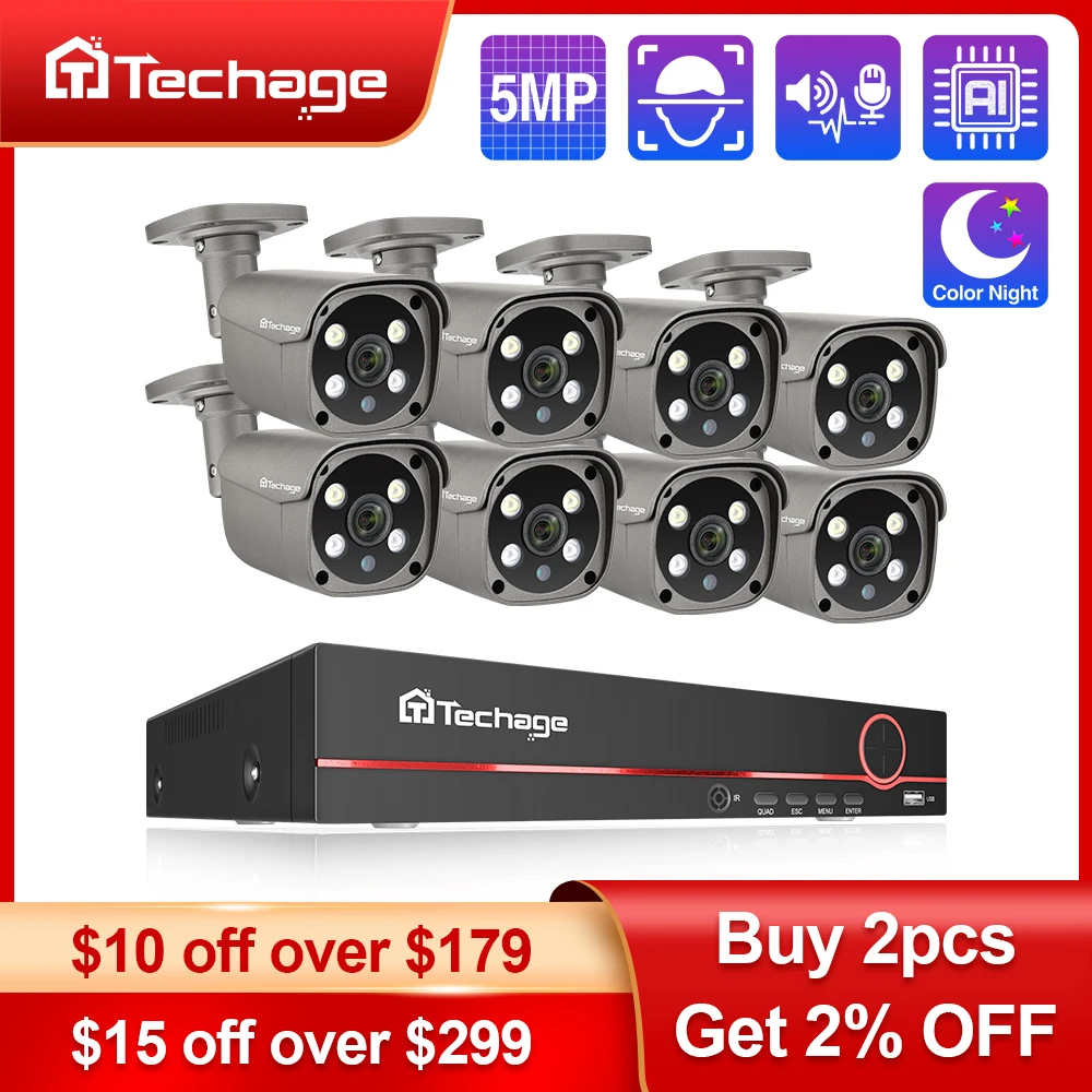 Techage 8CH 5MP 8MP 4K POE камера система Двусторонняя аудиосистема Цветная ночная камера Smart AI Face распознавание CCTV Ви