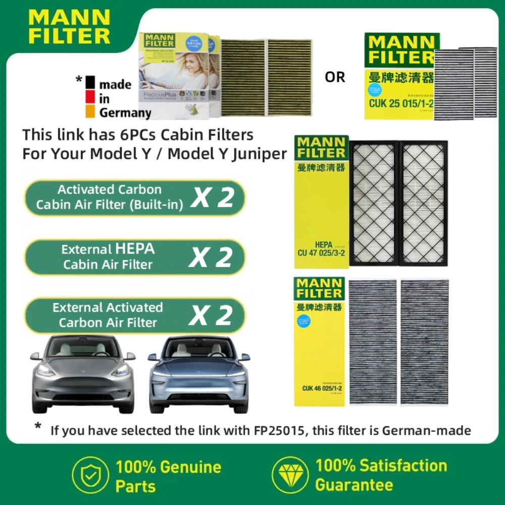 MANN FILTER For Tesla Model Y Model 3 EV HEPA Carbon Cabin Filter Kit 6PCS FP25015 CUK25015 CUK46025 CU47025 Build-in Air Fil