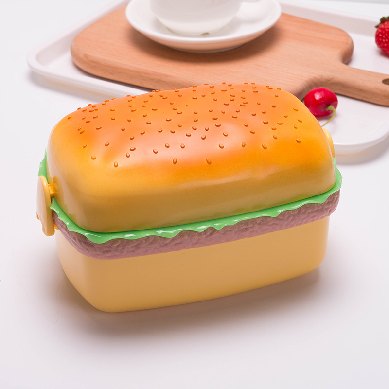 Hamburger Lunch Box Double Tier Cute Burger Bento Lunchbox Microwave Food Container Fork Tableware Set Owl Compartment ланч б