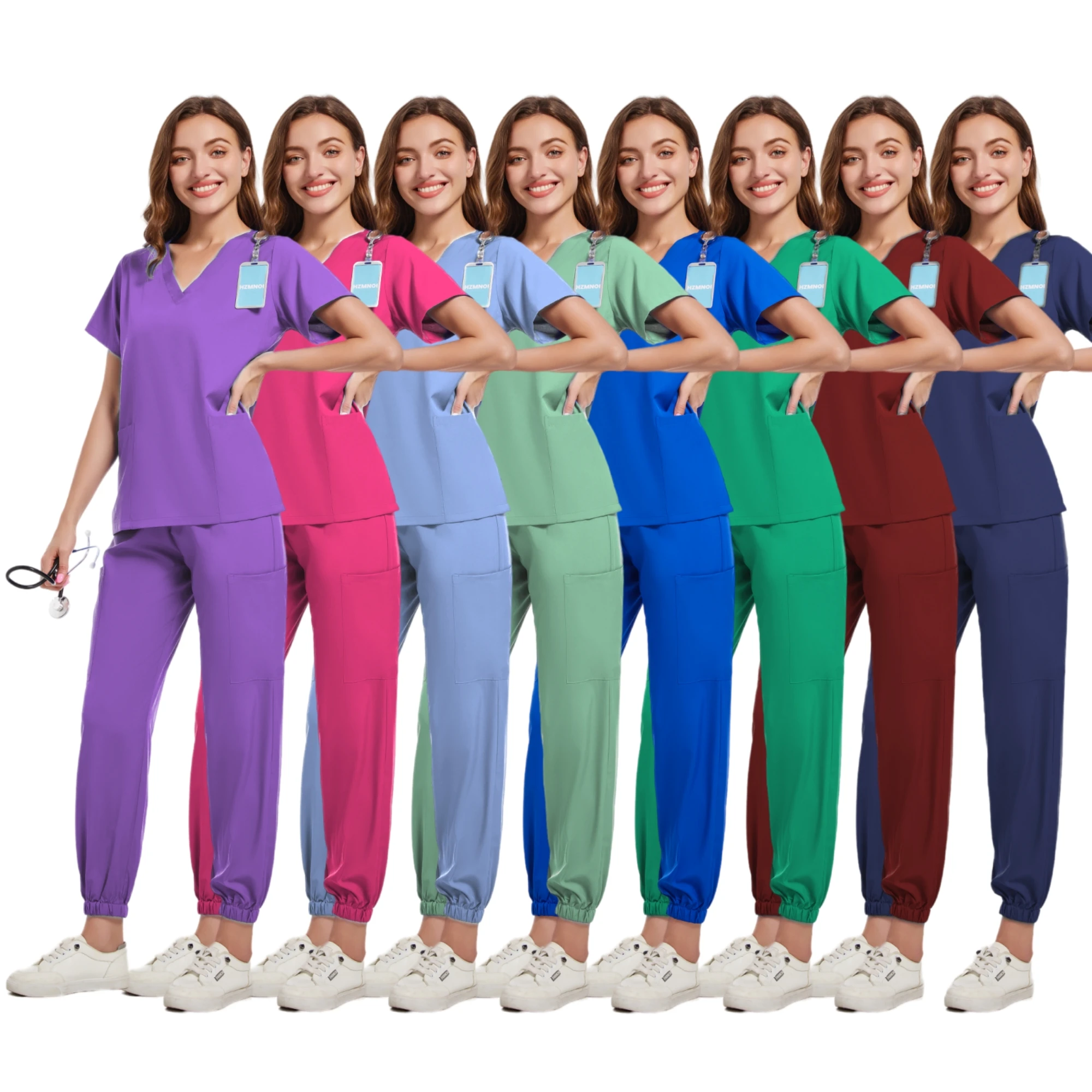 Stretch Scrub Set Medical Uniform Health Service Scrub Tops with Pocket Pants Beauty Salon Workwear Surgery Doctor Nurse Unif