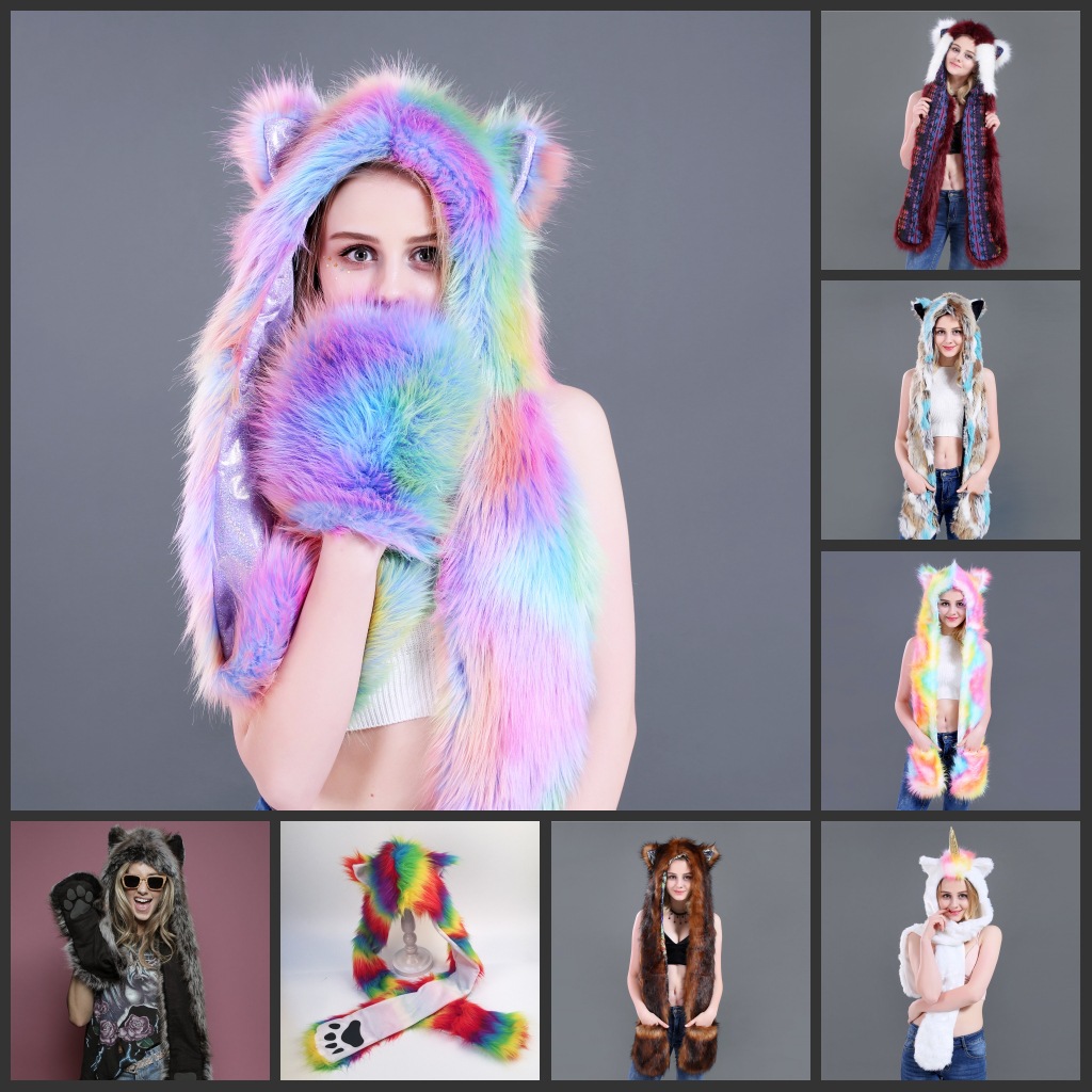 Plush Hat Scarf Gloves in One Set of Three Cute Furry Fur Plush Hats for Women Hot Selling Шапка Женская