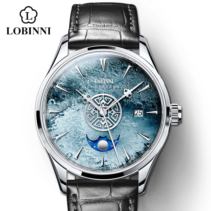 LOBINNI Men Mechanical Wristwatches Meteorite Dial Watch Genuine Leather Sapphire Automatic Retro Watches Mens мужские часы