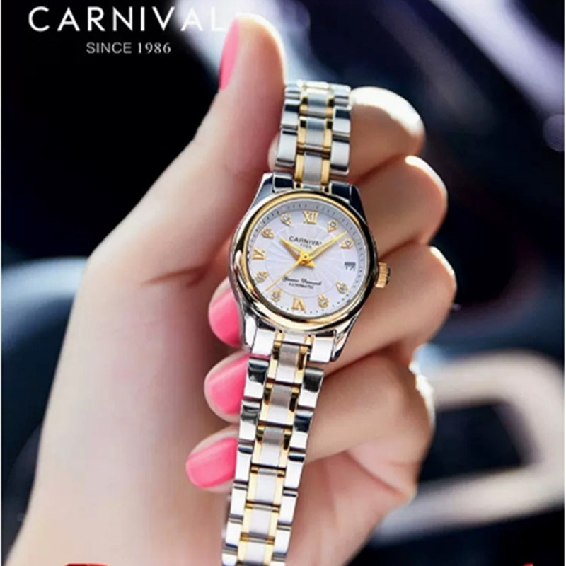Carnival Sapphire Automatic Watch for Women Luxury SteelBracelet Waterproof Mechanical Watches reloj mujer часы женские наруч