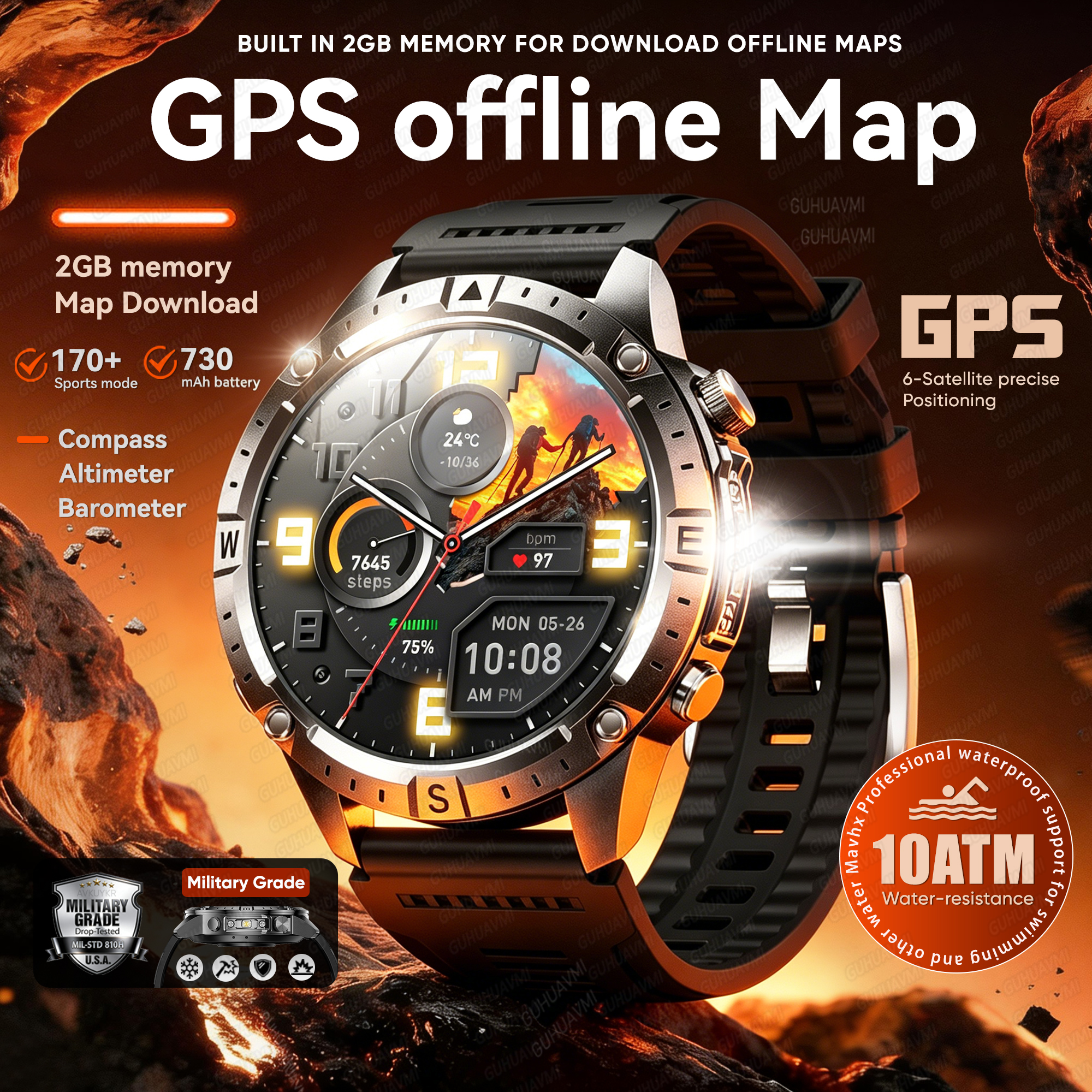 2026 NEW Outdoors Offline Map GPS Smart Watch L1+L2 Dual Band GPS Compass Cycling Run Swim Heart Rate 10ATM Military Smartwat