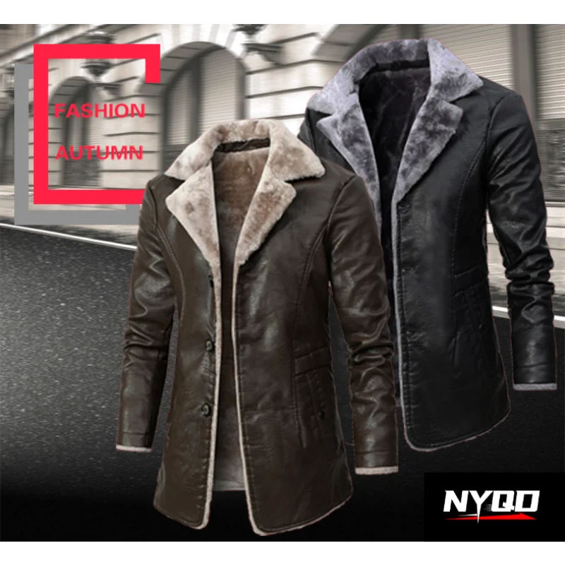 Men's Motorcycle Jacket Mid To Long Length Leather Jacket Autumn and Winter Business PlusVelvetLargeLapelМужская куртка мотоц