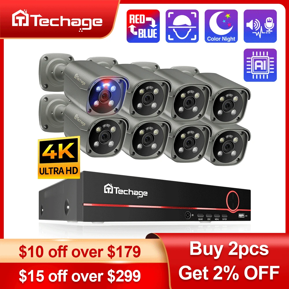 Система камер видеонаблюдения Techage 4K Ultra HD 8MP POE NVR Двусторонняя аудиосвязь Распознавание лиц Цветное ночное видени