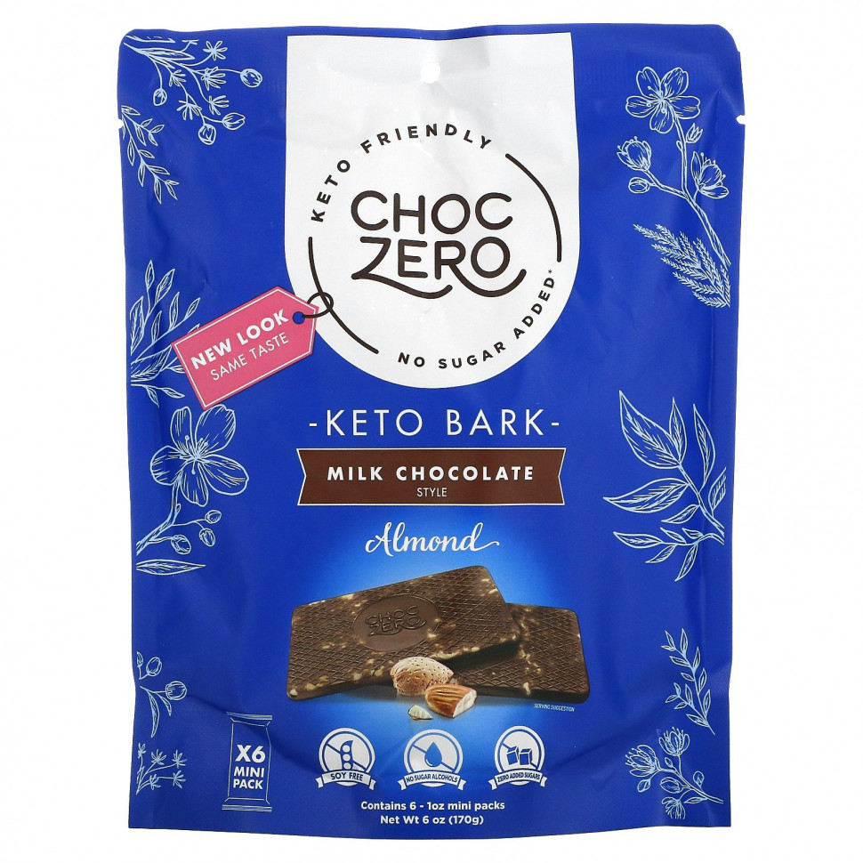 ЧокЗеро ChocZero, Молочный шоколад с миндалем без добавления сахара, 6 батончиков по 28 г (1 унции)