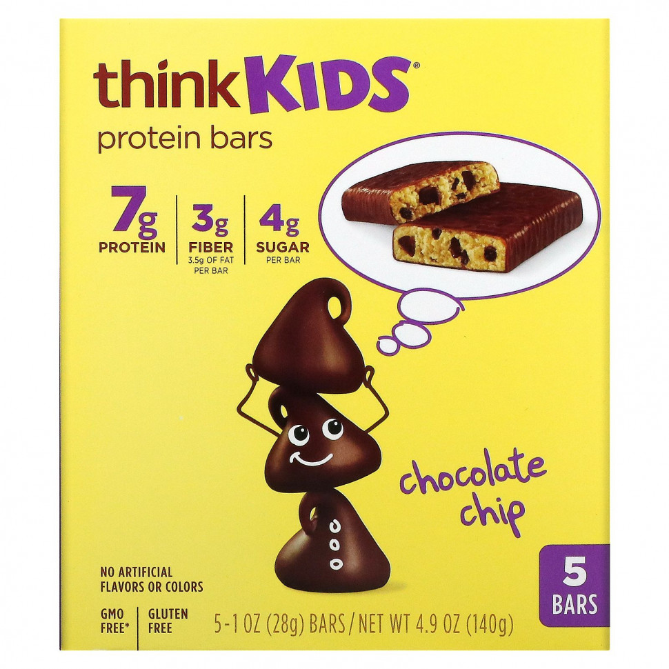 ТинкТин Think !, протеиновые батончики thinkKIDS, шоколадная крошка, 5 батончиков по 28 г (1 унции)
