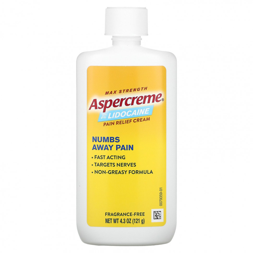 Aspercreme Aspercreme, Обезболивающий крем с 4% лидокаином, максимальная сила действия, без отдушек, 121 г (4,3 унции)