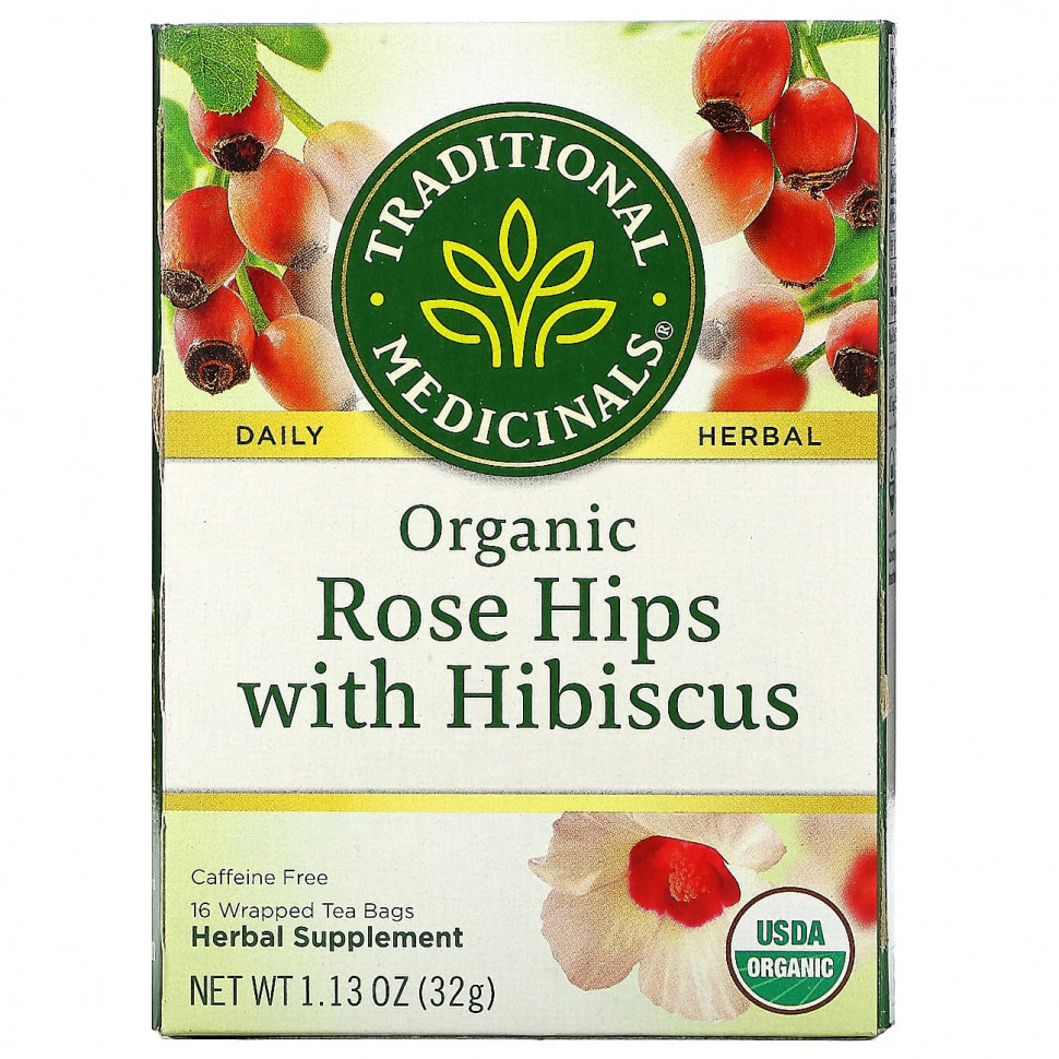 Traditional Medicinals Traditional Medicinals, органические плоды шиповника с гибискусом, без кофеина, 16 чайных пакетиков в 