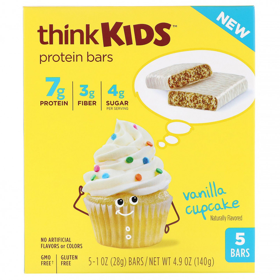 ТинкТин Think !, ThinkKids, протеиновые батончики, ванильный кекс, 5 штук по 28 г (1 унции) каждый