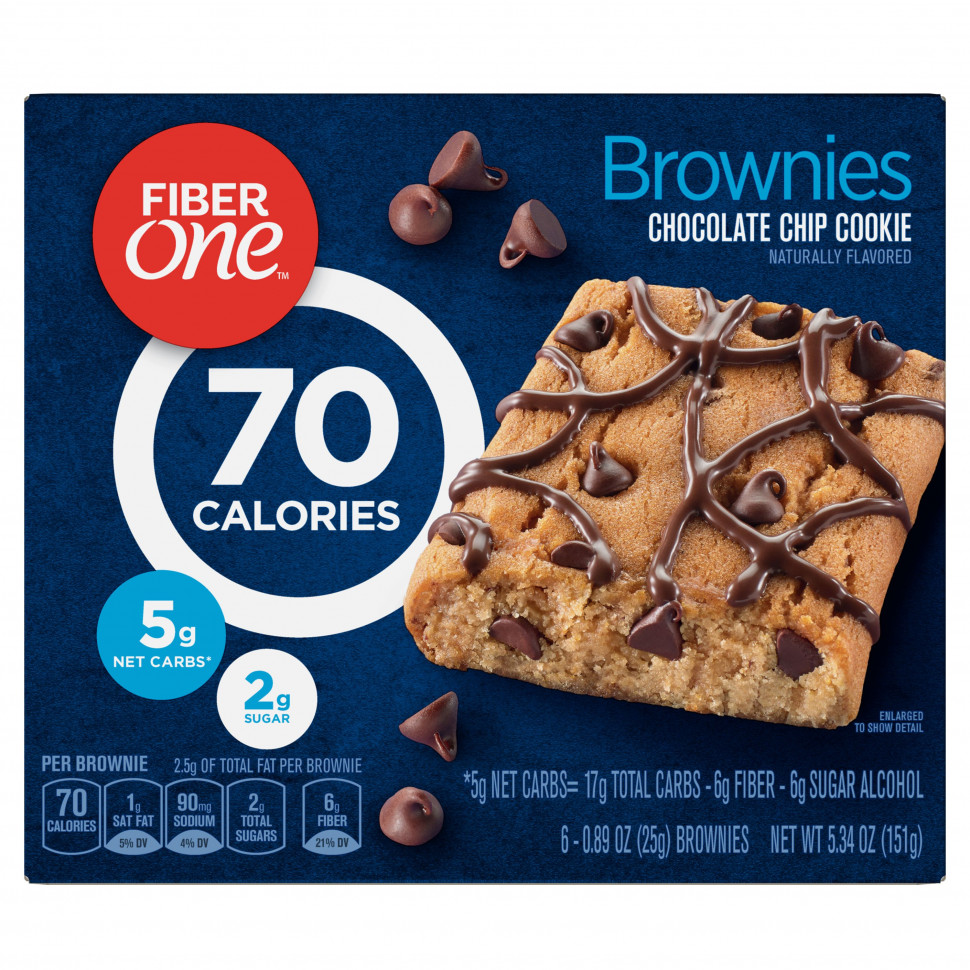 Файбер Уан Fiber One, Brownies, Печенье с шоколадной крошкой, 6 батончиков по 0,89 унции (25 г) каждый