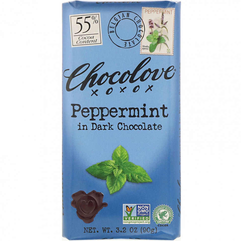 Чоколав Chocolove, черный шоколад с перечной мятой, 55% какао, 90 г (3,2 унции)