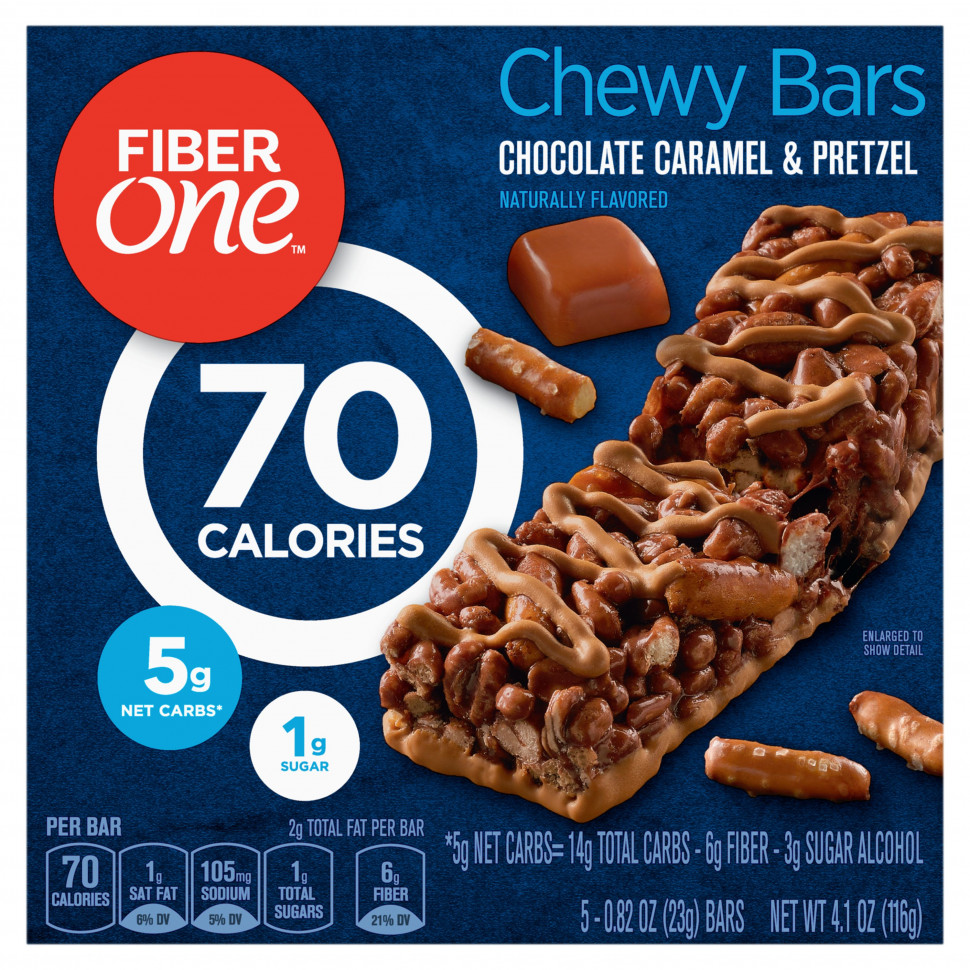 Файбер Уан Fiber One, Chewy Bars, шоколадная карамель и крендель, 5 батончиков по 23 г (0,82 унции)