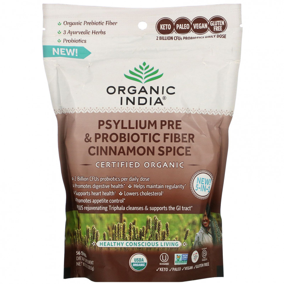 Органик Индиа Organic India, Пребиотическая клетчатка и пробиотическая клетчатка подорожника, корица, 283 г (10 унций)