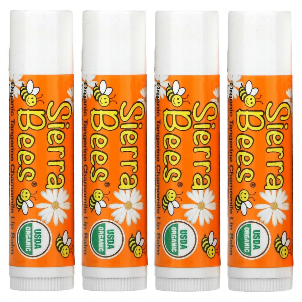 Сиерра Бис Sierra Bees, Органические бальзамы для губ, мандарин и ромашка, 4 шт. в упаковке, 0,15 унции (4,25 г) каждый