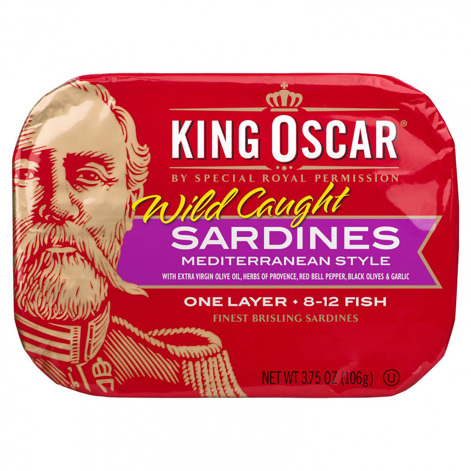 Кинг Оскар King Oscar, Wild Caught, Sardines Mediterranean Style, 3.75 oz ( 106 g)