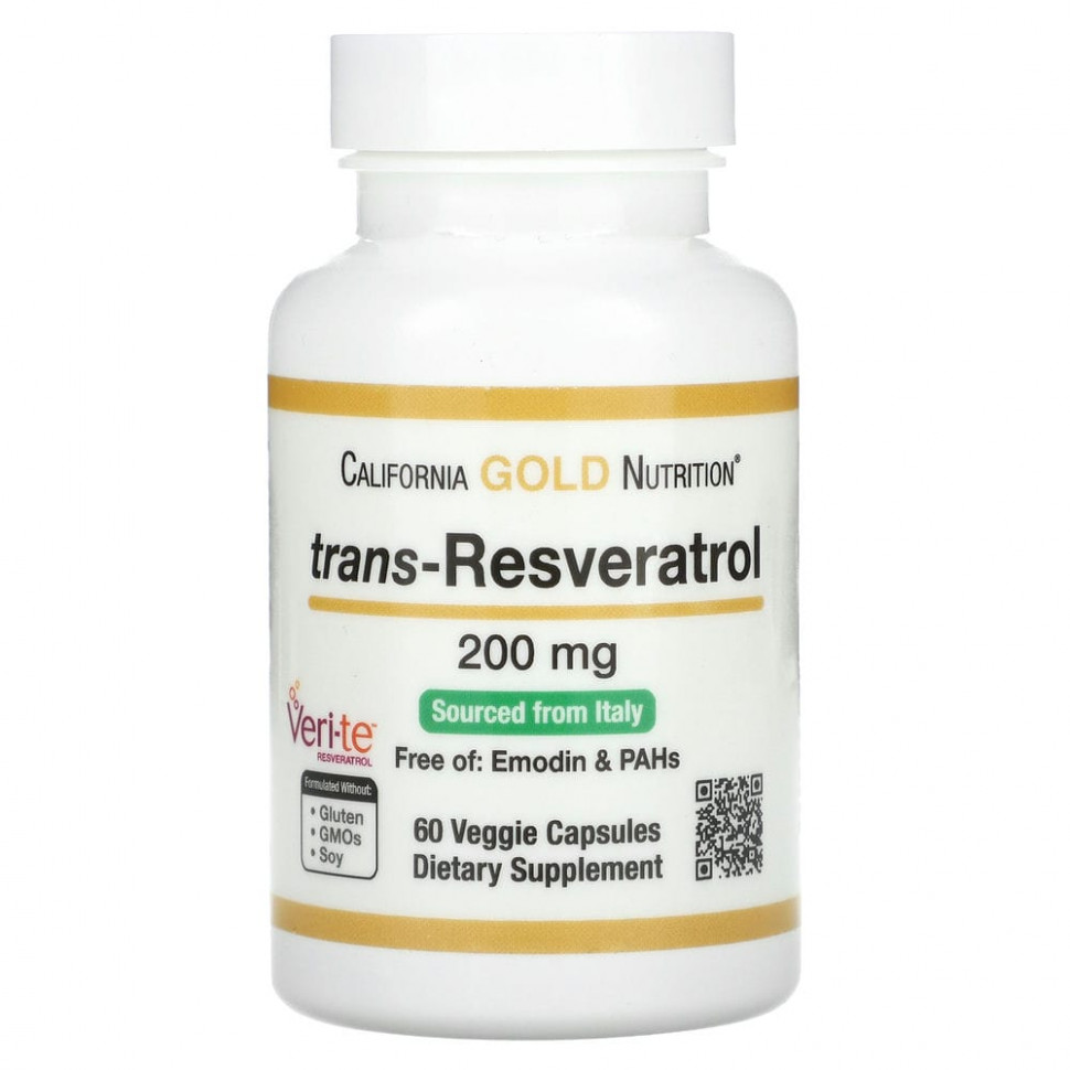 California Gold Nutrition California Gold Nutrition, транс-ресвератрол, итальянского происхождения, 200 мг, 60 растительных к