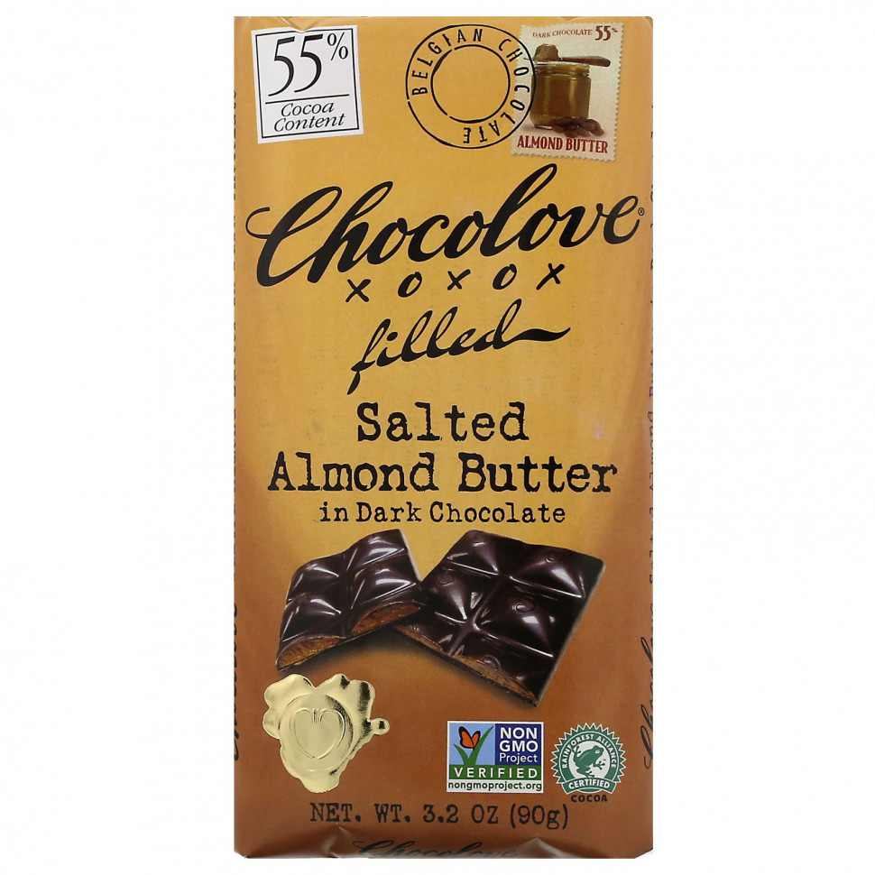 Чоколав Chocolove, Масло из соленого миндаля в темном шоколаде, 55% какао, 90 г (3,2 унции)