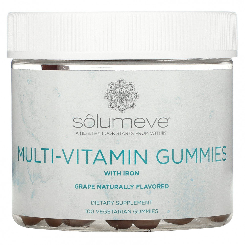 Solumeve Solumeve, Мультивитаминные жевательные таблетки, без желатина, вкус винограда, 100 вегетарианских жевательных таблет