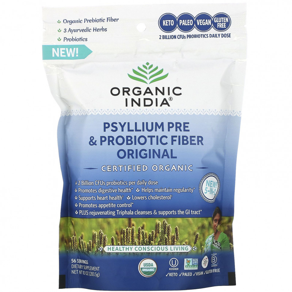 Органик Индиа Organic India, Пре и пробиотическая клетчатка подорожника, оригинальная, 283,5 г (10 унций)