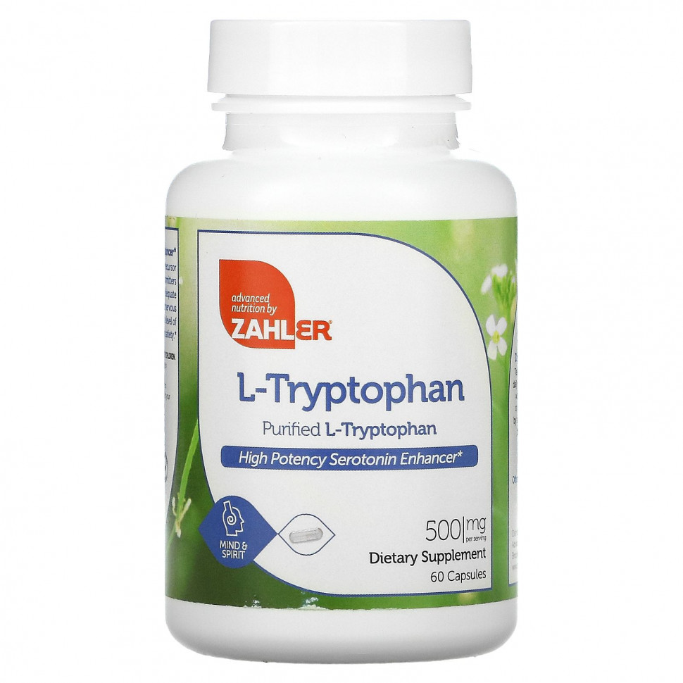 Zahler, L-триптофан, очищенный L-триптофан, 500 мг, 60 капсул Залер Zahler, L-триптофан, очищенный L-триптофан, 500 мг, 60 капсул