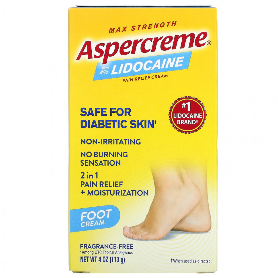 Aspercreme Aspercreme, Обезболивающий крем для ног с 4% лидокаином, максимальная сила действия, без отдушек, 113 г (4 унции)