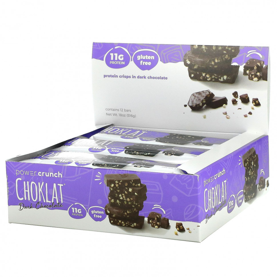 БНРГ BNRG, Power Crunch Protein Crisp Bar, Choklat, Dark Chocolate, 12 Bars, 1.54 oz (43 g) Each